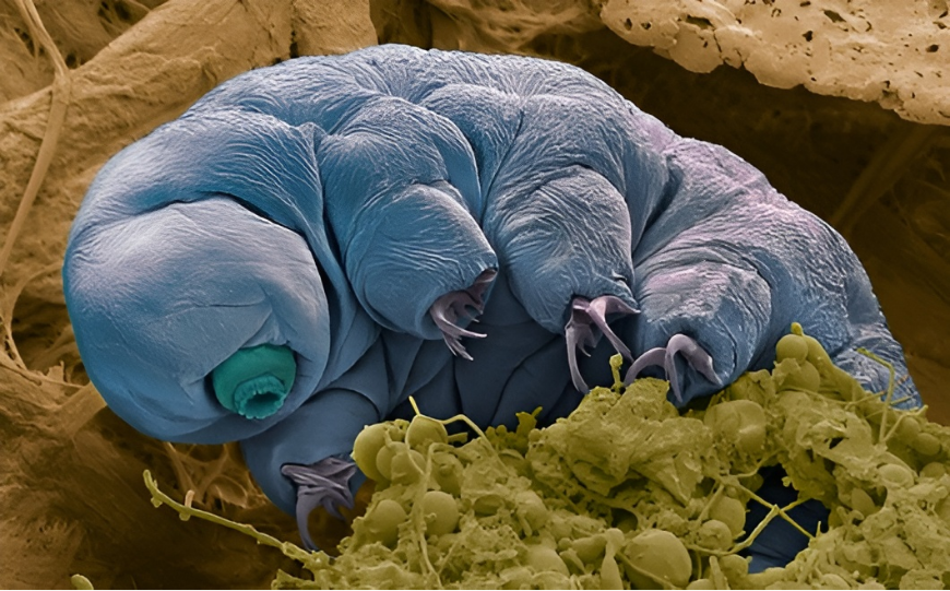 דובוני-מים מסוגלים לשרוד במגוון רב של מצבים, כולל יובש קיצוני, קור מקפיא, חום לוהט ואפילו קרינה חזקה. תמונת מיקרוסקופ אלקטרונים סורק של דובון-מים | Steve Gschmeissner / Science Photo Library