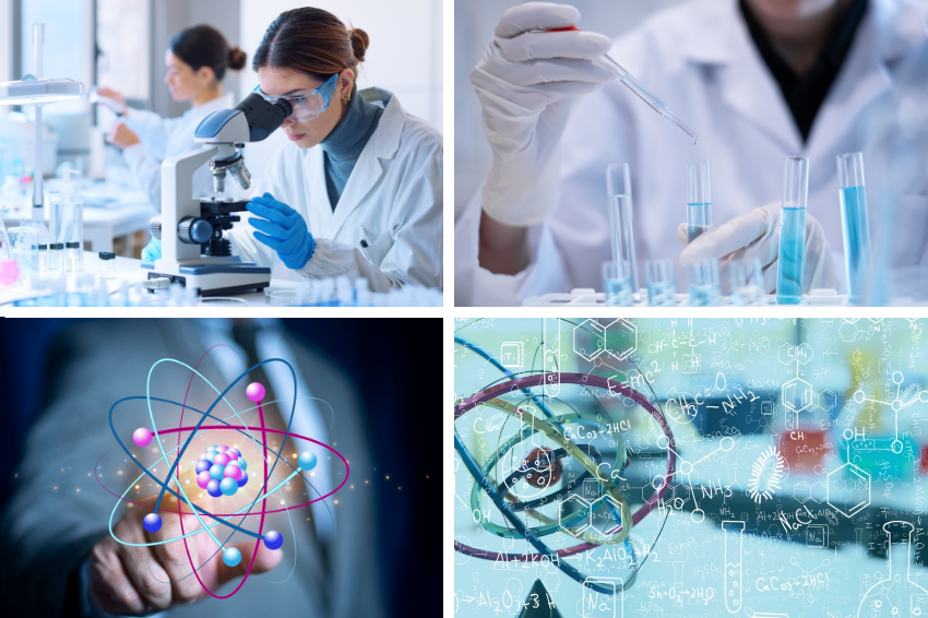 ייצוגי כימיה וכימאים: מבחנות עם תמיסה כחולה, מדענית צעירה עם משקפי מגן מביטה בעינית מיקרוסקופ, נוסחאות כימיות ומודל האטום | מקור: Supapich Methaset, Stock-Asso, vectorfusionart, bigjom jom - Shutterstock