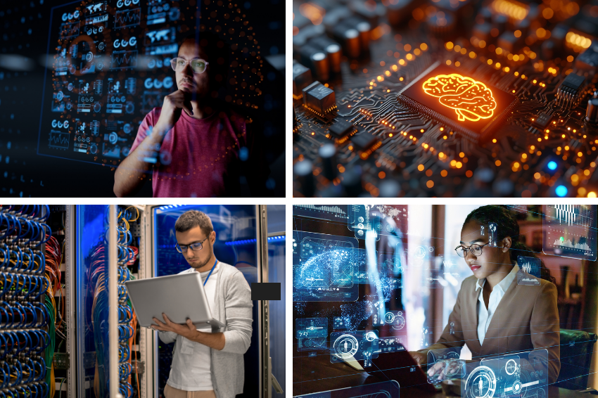 מדעי המחשב: מוח בתוך לוח אם, חוקר מתבונן בהולוגרמות של נתונים, מהנדסת צעירה מוקפת בהולוגרמות ואיש מחשבים עם לפטופ ליד מערכת חיווטים גדולה | מקור: Treecha, amgun, metamorworks, SeventyFour - Shutterstock