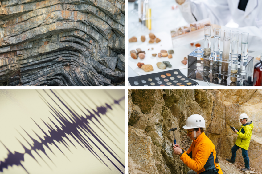 גיאולוגיה: דגימות של אבנים מצטלמות טוב במבחנות, שכבות של סלעי משקע, גיאולוגים עם קסדה, משקפי מגן ואפוד זוהר אוספים דגימות סלע ופלט גרף בודד שמזכיר סיסמוגרף | מקור: Chokniti-Studio, Nattawit Khomsanit, Evgeny Haritonov, MuhsinRina - Shutterstock