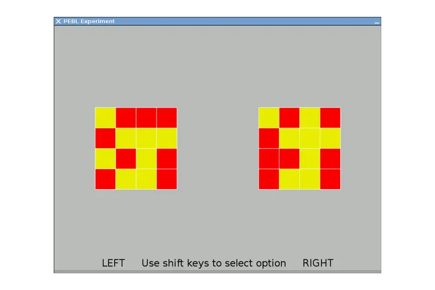 על הנבדקים לשנן דפוס של ריבועים בצבעים שונים ולזהות אותו לאחר השהייה מסוימת. דוגמה של המטלה | ויקימדיה, Spendingallmytime