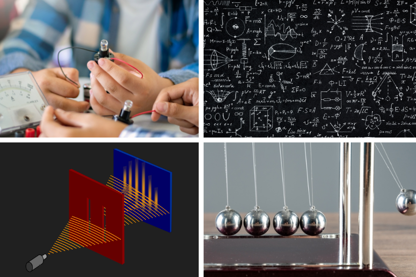 פיזיקה: משוואות אקראיות על לוח, ילדים מרכיבים מעגל חשמלי ועריסת ניוטון כדוגמה לעיקרון בסיסי במכניקה. וכדי לגלות תרשים של תופעה פיזיקלית לא אינטואיטיבית כמו התאבכות צריך לדעת מראש מה מחפשים | מקור: Triff, Sophon Nawit, Daniel Tadevosyan, grayjay - Shutterstock