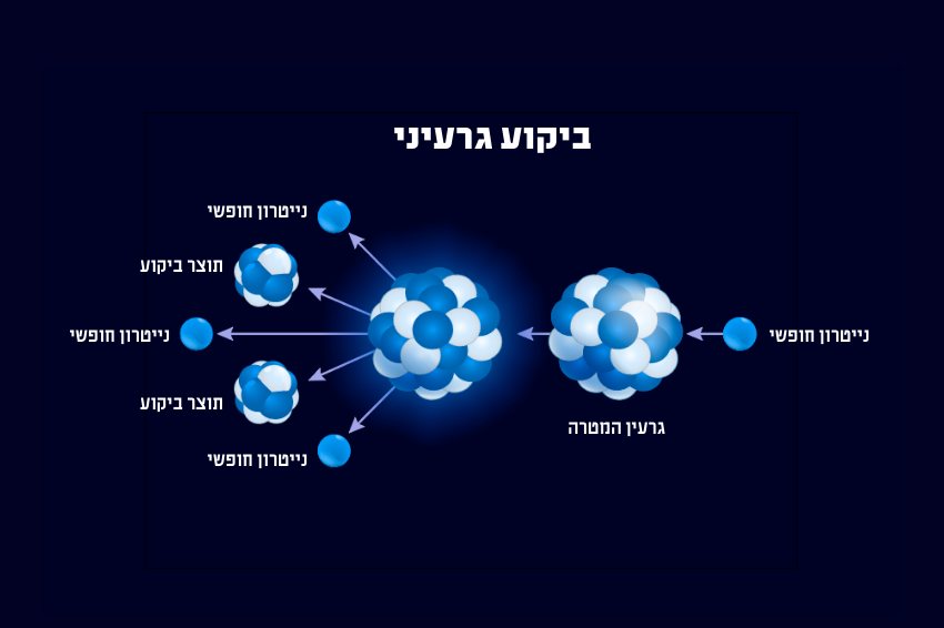 לא סתם התפרקות רדיואקטיבית, עם פליטה של חלקיקים, אלא ביקוע הגרעין לשני אטומים קטנים יותר. תרשים סכמטי של ביקוע גרעין האטום | איור: Designua, Shutterstock