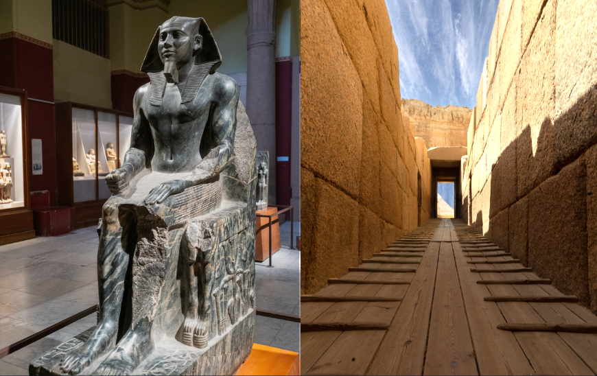 בנייה בגרניט אדומה, פירמידת חפרן (מקדש העמק) בגיזה, מסביבות 2500 לפנה"ס (מימין). במקדש הוצבו 23 פסלים של חפרן שהיו עשויים מאבני דיוריט (משמאל) | hemro, twabian, Shutterstock