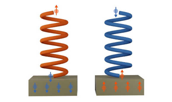  מולקולות אורגניות כיראליות, ביניהן גם DNA, יכולות לשמש כ"מסנן ספין". אילוסטרציה של הגדיל הכפול מסנן חלקיקים עם ספין מסוים | ill./©: Angela Wittmann