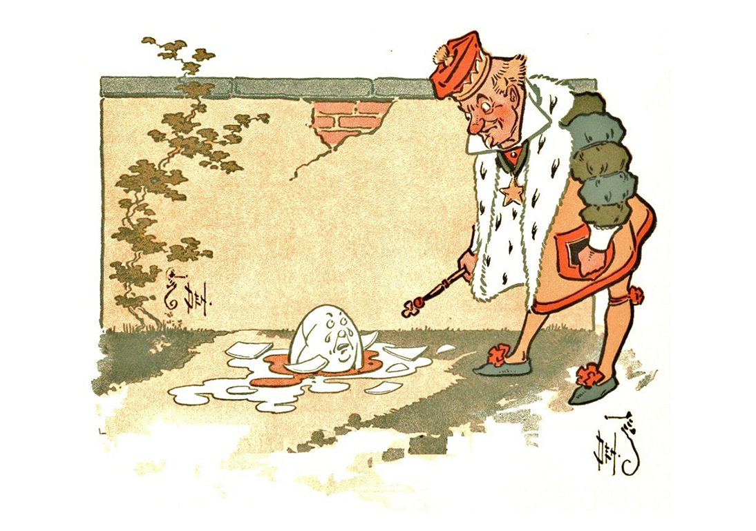 אף פעם לא ראינו חלקי ביצה שאוספים את עצמם ומתחברים לביצה שלמה. המפטי דמפטי השבור | ויקימדיה, W. W. Denslow