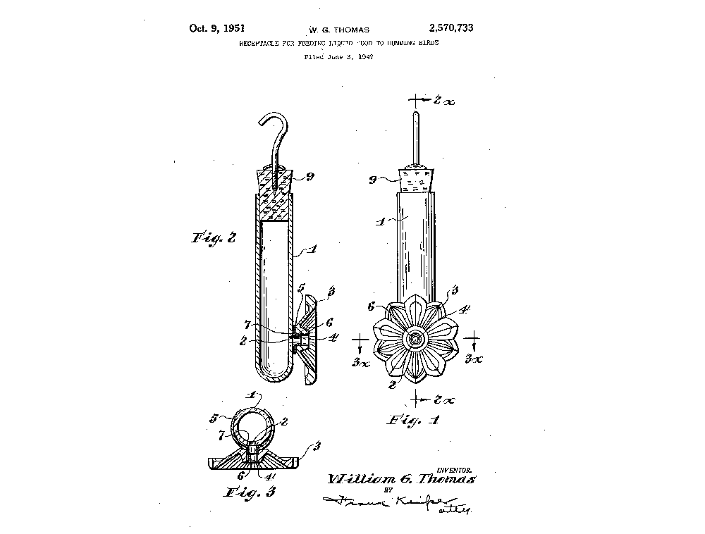 ב-1947 נרשם הפטנט הראשון למתקן האכלה לקוליברי, ובמהירה התרבו הפרסומות שמציעות לקנות אותם. איור מטופס הפטנט | U.S. PATENT OFFICE