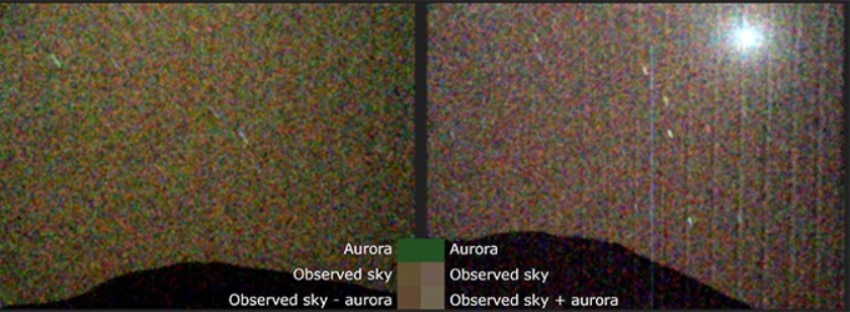 כיתוב: תצפית באיכות מאכזבת יחסית. צילום הזוהר בשמי מאדים (משמאל) בהשוואה לשמיים נטולי זוהר | צילום מתוך מאמר המחקר