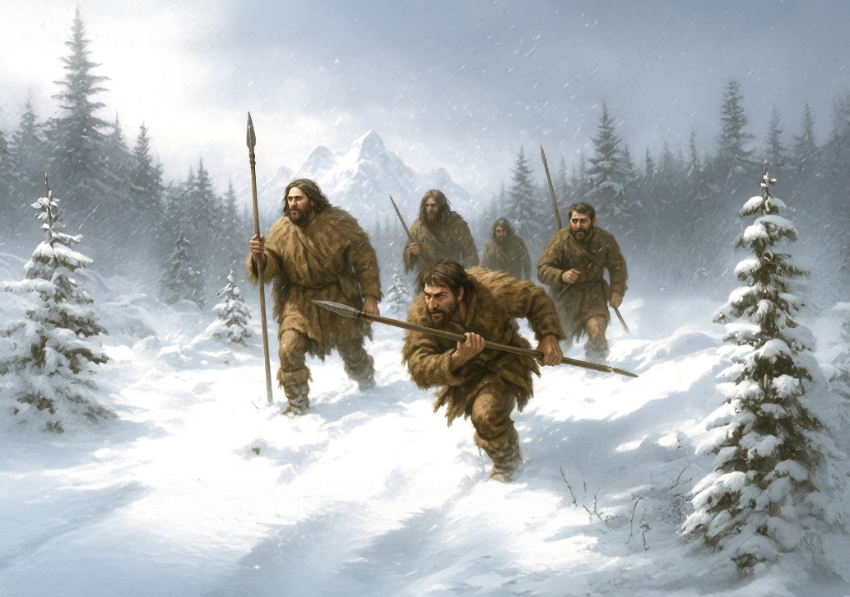 החוקרים הגיעו למסקנה שיושבי המקום צדו בעלי חיים כדי להשתמש בפרוות שלהם. אנשים קדומים עטופי פרוות יוצאים לציד | Liat Peli, DALL·E