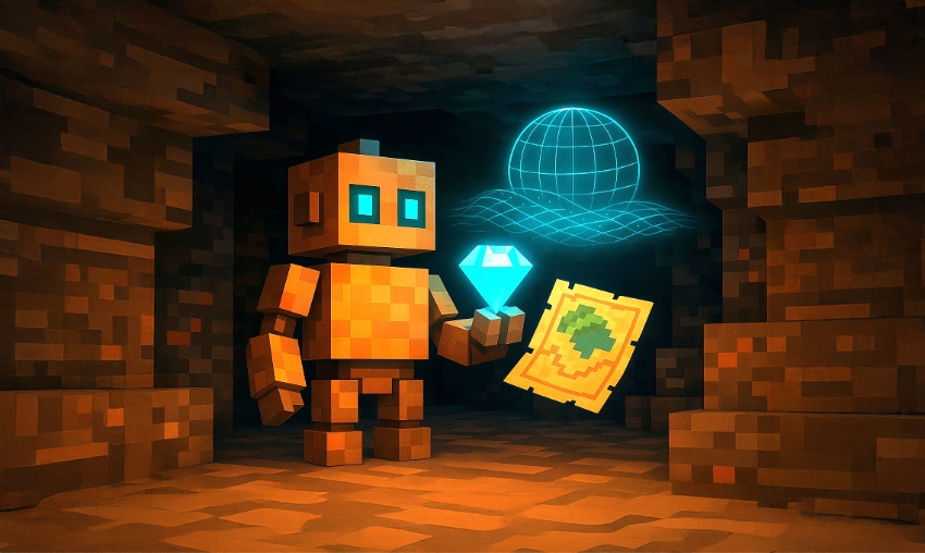 הצליחה, ללא כל הדרכה אנושית, למצוא יהלומים במשחק ולפתור מעל 150 משימות אחרות. בינה מלאכותית משחקת מיינקראפט. איור: עדי יניב בעזרת ChatGPT [view:author=block=עדי יניב] 