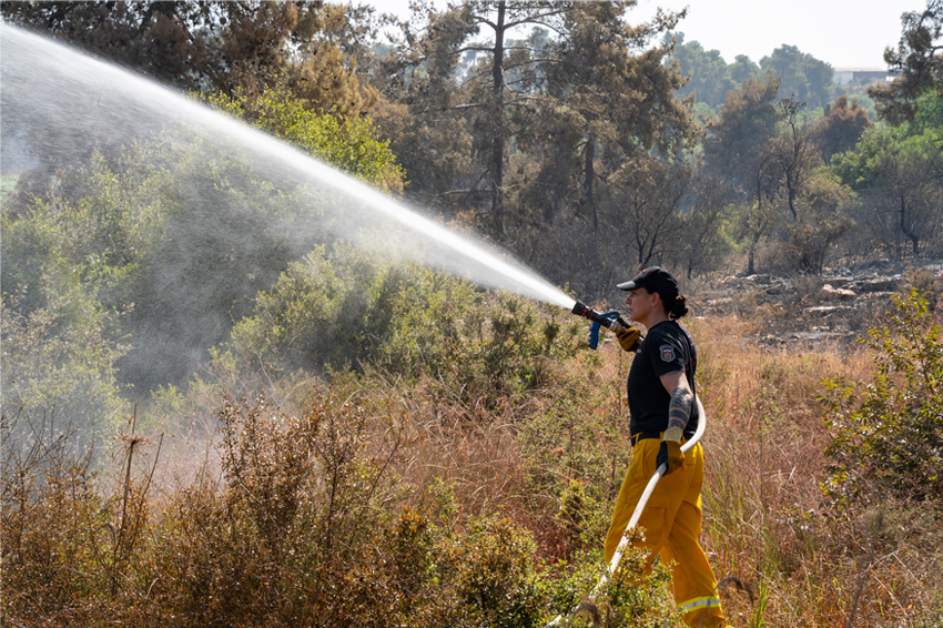 השריפה הנרחבת בהרי ירושלים כבר כילתה כ- 20 קילומטרים רבועים של שטחים פתוחים. לוחמת אש בשריפה קודמת בהרי ירושלים | Shutterstock, Moshe EINHORN