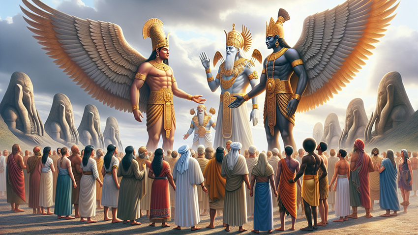 לפי הוגה התיאוריה, האנונאקי הגיעו לכדור הארץ לפני כ-400 אלף שנה כדי לכרות זהב לתיקון האטמוספרה של עולמם. אנונאקי בחברת בני האדם | Shutterstock AI Generator