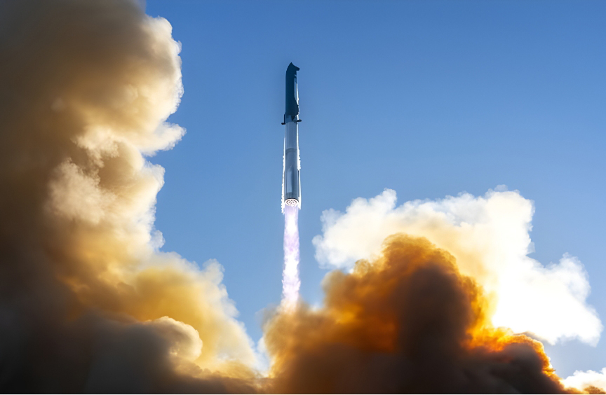 כחצי שעה לאחר השיגור נכנסה החללית לסחרור בלתי נשלט, והתפוצצה מעל האוקיינוס ההודי. שיגור טיסת הניסוי התשיעית של סטארשיפ מבסיס החלל של ספייס אקס בטקסס. צילום: SpaceX