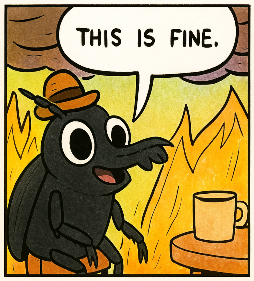 הכל בסדר. חיפושית מלנופילה יושבת בשלווה באמצע חדר אפוף להבות. איור: נעם לויתן באמצעות ChatGPT, מבוסס על הקומיקס Gunshow, של KC Green