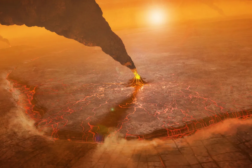 הקרקע לא מפסיקה לנוע גם על כוכב הלכת השכן. כך נראית בעיני אמן אחת הקורונות של נגה – עמק רחב ידיים שנוצר כנראה מתנועה תת-קרקעית של סלע מותך | הדמיה: NASA/JPL-Caltech/Peter Rubin