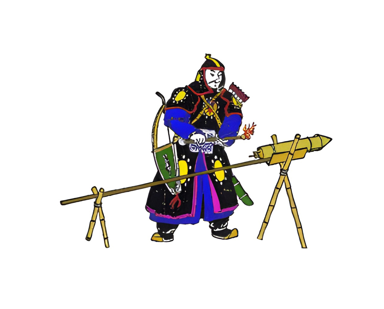 אפקט פסיכולוגי מרשים שהביא את הטכנולוגיה הסינית למערב. איור של לוחם סיני מצית "חץ אש" | מקור: Aloriel~commonswiki, Wikipedia