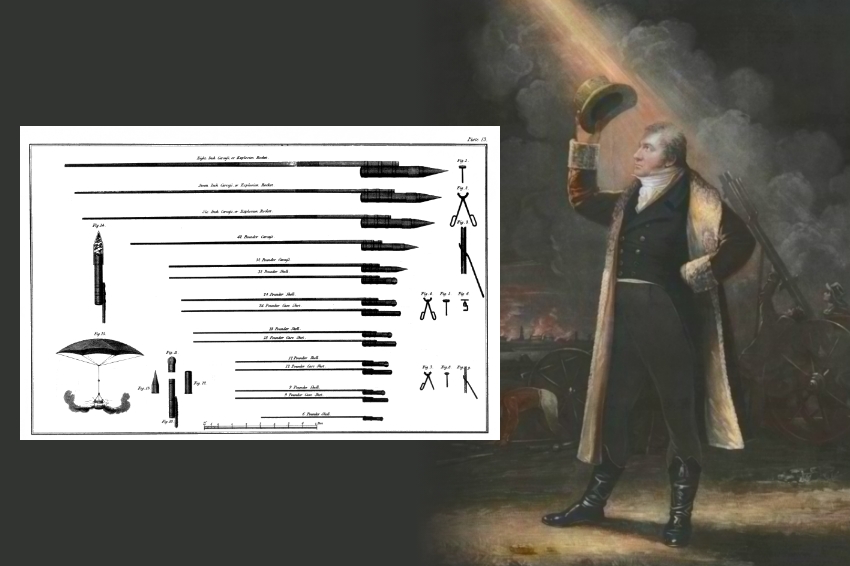 שכלל את הרקטות ההודיות. ויליאם קונגרב באיור של ג'יימס לונסדייל מ-1807, ושרטוט טכני שלו עם פרטים של כמה רקטות | מקור: ויקיפדיה, נחלת הכלל 