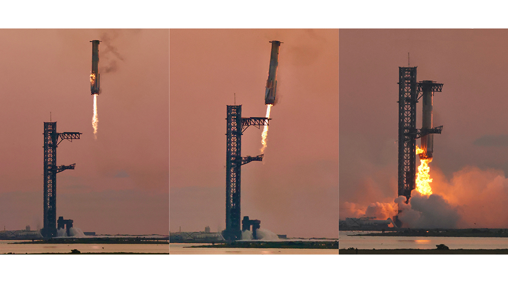 מערכת שמיועדת להיות רב-פעמית לחלוטין. טיל השיגור סופר-הבי נקלט בנחיתה מדויקת על מגדל השיגור עצמו בטיסת הניסוי החמישית של סטארשיפ, 2024 | צילומים: Bech, BugWarp, Huntster, Prospectprospekt, Steve Jurvetson, Wikipedia