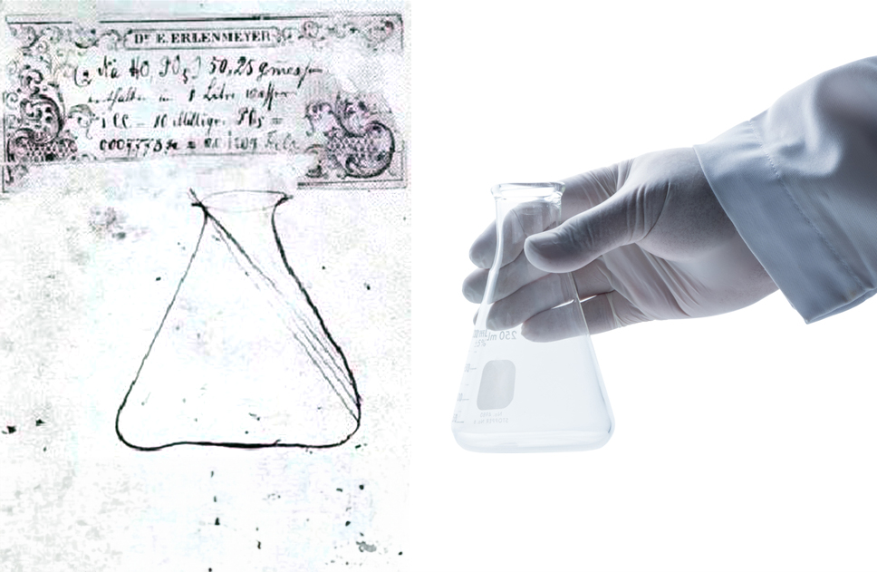 בקבוק עם יתרונות רבים. רישום של ארלנמאייר עצמו, כנראה מ-1861, המתאר את בקבוק המעבדה שהמציא, לצד בקבוק מודרני | מקור: ויקיפדיה, נחלת הכלל, kwanchai.c, Shutterstock