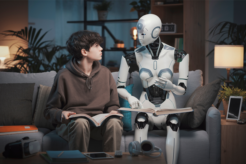 שימוש בכלי בינה מלאכותית צריך להיות מושכל, לא אוטומטי, ובינה אנושית צריכה לכוון אותו. ילד ורובוט לומדים יחד | Shutterstock, Stock-Asso