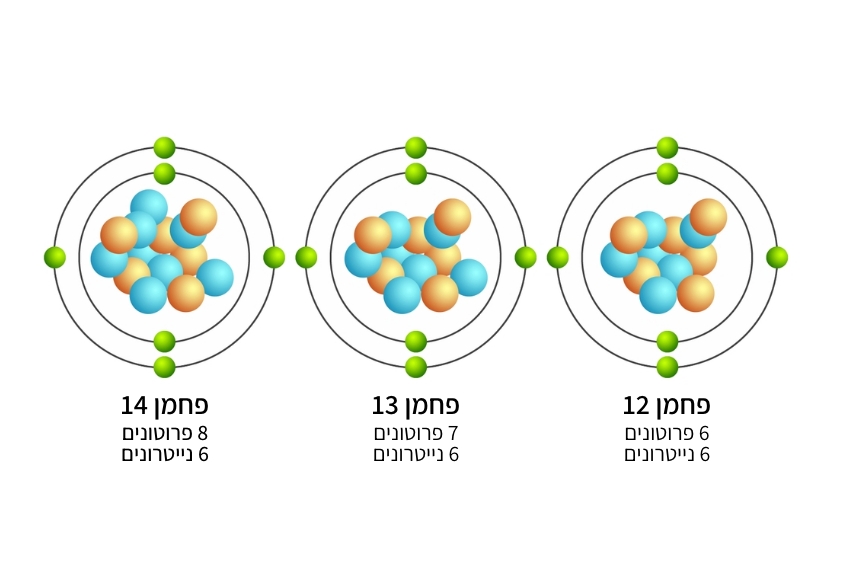 כיוון שהשכיחות של כל איזוטופ בטבע שונה אפשר למדוד את יחס האיזוטופים של פחמן, כלומר כמה מהכמות הכוללת של החומר מקורה באיזה איזוטופ. איזוטופים של פחמן | Tang Yan Song, Shutterstock