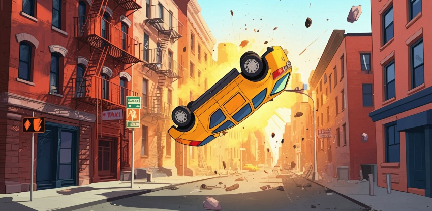 גל ההדף מעיף עצמים ממקור הפיצוץ, כמו שאפשר לראות בסרטי פעולה. מכונית מועפת באוויר עקב פיצוץ בסרט מצויר | איור: Shutterstock AI