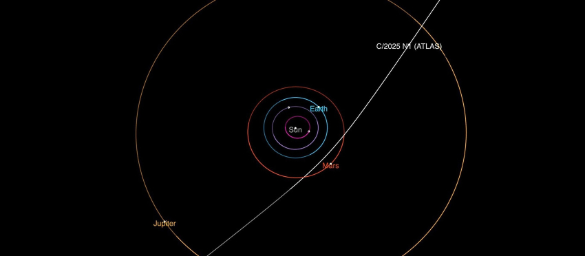 לא צפוי להתנגש בכדור הארץ. מסלולו של העצם 3I/ATLAS המסומן באיור כ-C/2025 N1 | מקור: NASA/JPL-Caltech