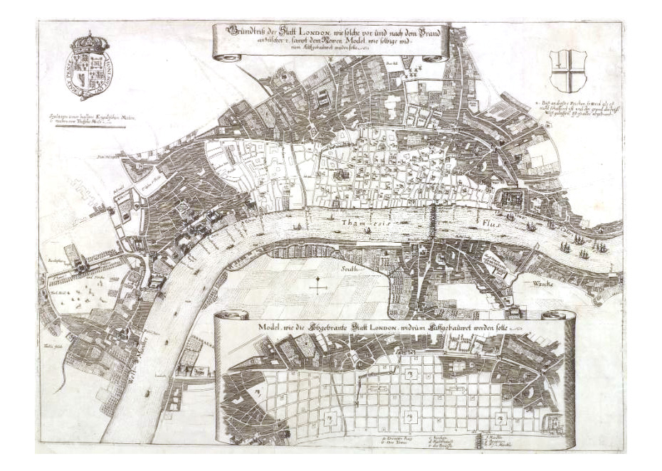 היה שותף פעיל בשיקום לונדון מהשריפה הענקית של 1666, אף שהתוכנית שהוא הציע לא התקבלה. מפת השיקום של הוק | מקור: London Metropolitan Archives, City of London 