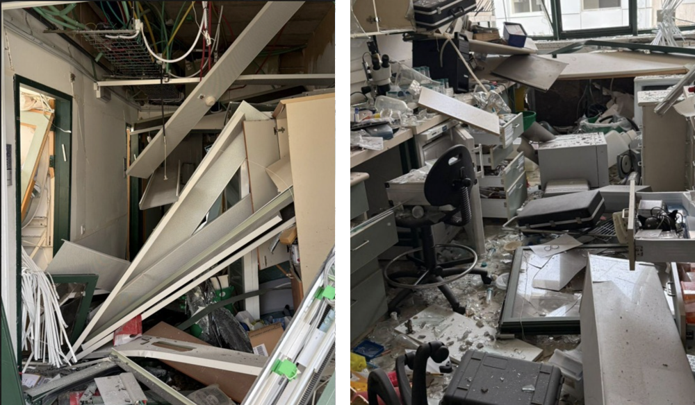 אחרי משברים גדולים ממשיכים קדימה ופורצים לכיוונים חדשים. ההרס בבניין זוסמן במכון ויצמן למדע, שם עובדים כספי ויופה, בעקבות פגיעת הטיל האיראני במכון | צילום: מכון ויצמן למדע 