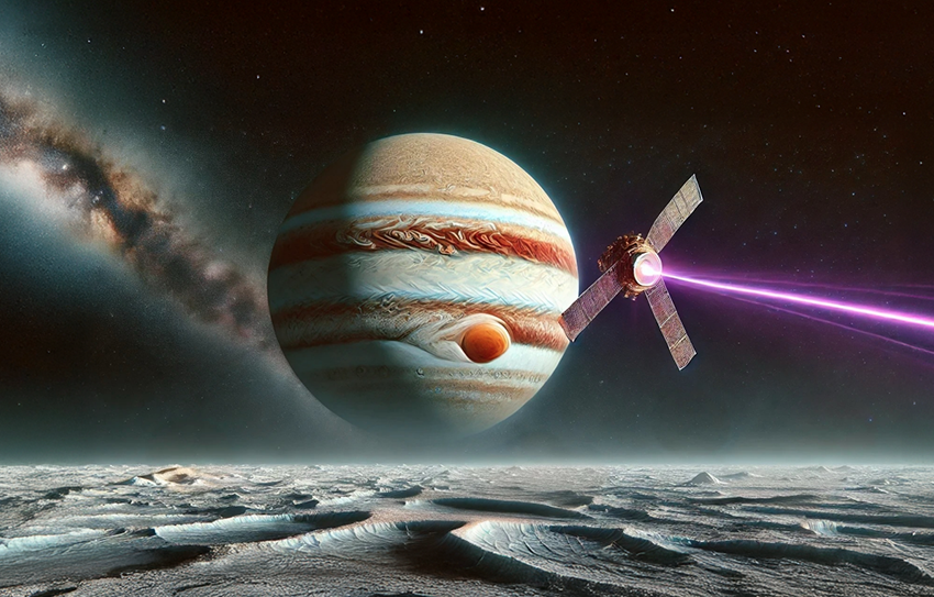 כשמאירים אותן בקרינה על-סגולה, החומצות האמיניות האלה פולטות קרינה באורך קל ידוע. הדמיה של החללית אאורקה סורקת את פני השטח של אירופה | איור: גידי יופה באמצעות ChatGPT