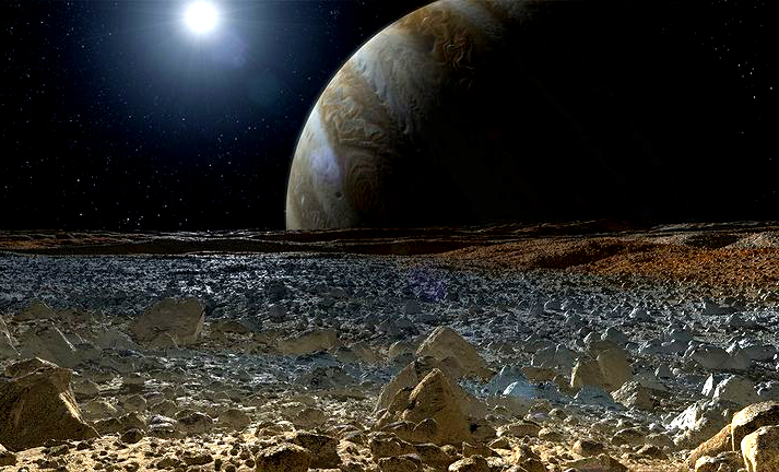 האם מסתתרים סימני חיים בקרח? כך נראים בעיני אמן פני השטח של אירופה, עם צדק ברקע | הדמיה: NASA/JPL-Caltech