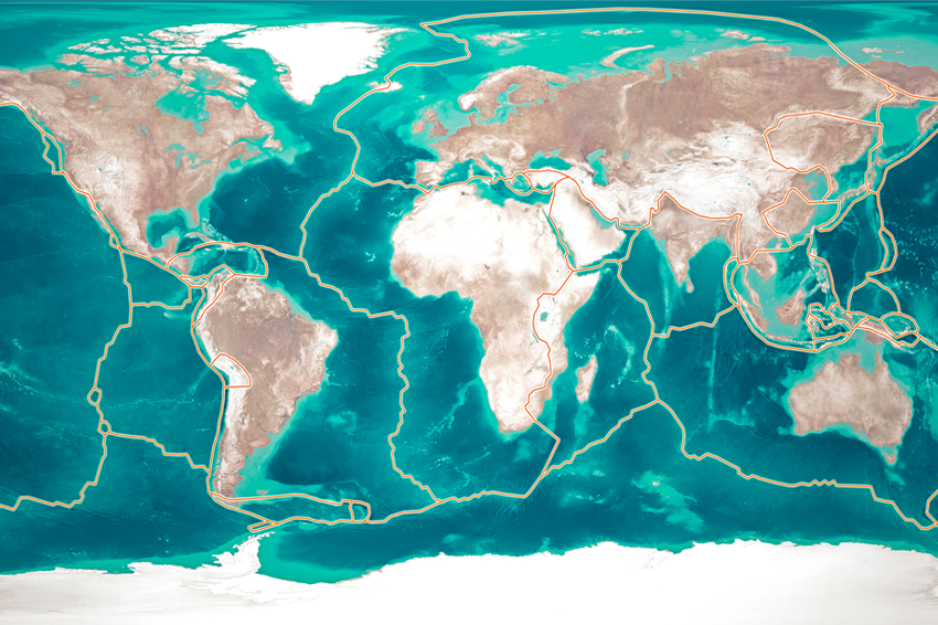 קרום כדור הארץ מחולק ללוחות טקטוניים; בכל לוח ישנם קרום יבשתי, שממנו עשויות היבשות, וקרום אוקייני, שמרכיב את קרקעיות האוקיינוסים. מפה שמראה את גבולות הלוחות הטקטוניים השונים | Shutterstock, Naeblys