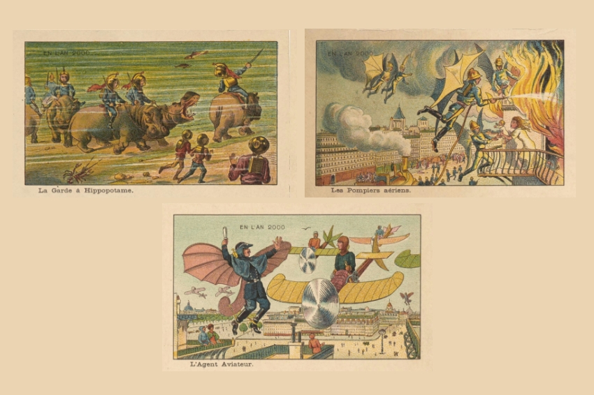 ברבים מהאיורים מופיעים כלי תחבורה שעולים על כל דמיון. שלוש מהגלויות |  ז'אן מארק קוט, נחלת הכלל