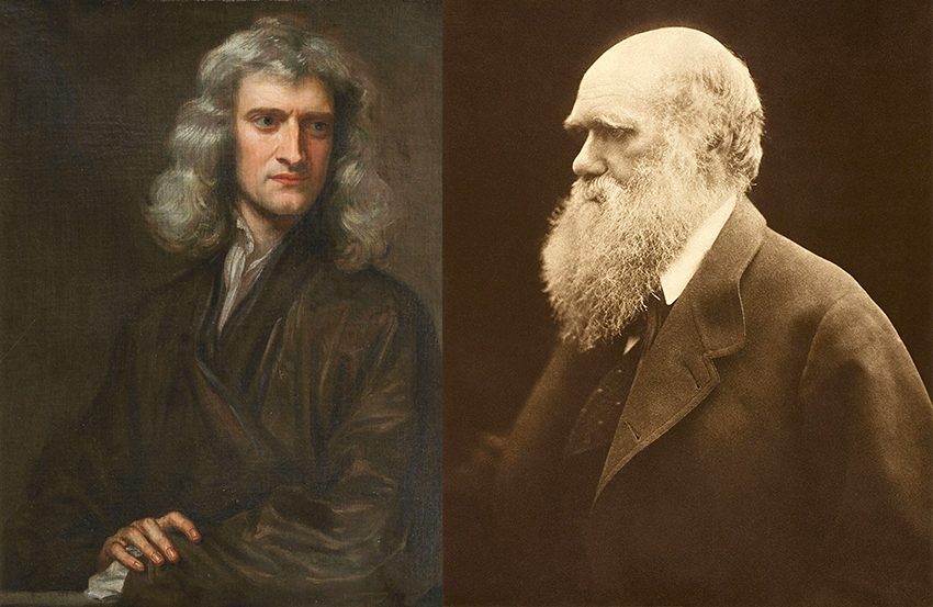 גם חוקי טבע ברורים מוגדרים "תיאוריה" כי אין להם הוכחה מתמטית. צ'רלס דרווין (מימין) בציור של ג'וליה מרגרט קמרון (Cameron) ואייזק ניוטון, אבי חוק הכבידה בציור של גודפרי קנלר (Kneller) | מקור: ויקיפדיה, נחלת הכלל