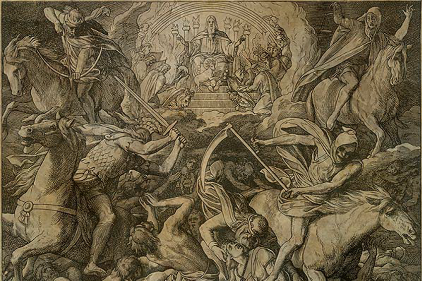 בברית החדשה מתוארים ארבעת פרשי האפוקליפסה, שפועלים יחד להביא את יום הדין: מלחמה, רעב, מגפה ומוות. הדפס עץ שמראה את ארבעת הפרשים, אמצע המאה ה-19 | מוויקימדיה, Shakko