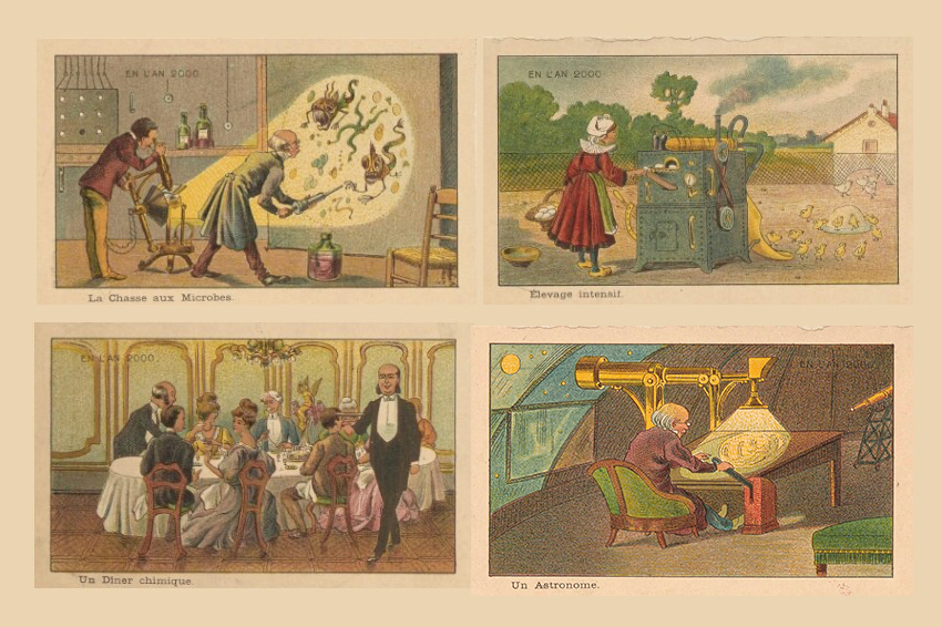 איורים אחדים מוקדשים להתפתחות המדע הבסיסי והתעשייה. ארבע מהגלויות | ז'אן מארק קוט, נחלת הכלל