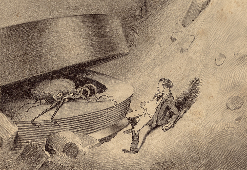 "את אשר לא יכול היה האדם לעשות בעזרת כל אמצעי ההגנה האנושיים חוללו היצירים הזערוריים הללו". מאדימאי בכדור הארץ, איור מתוך "מלחמת העולמות" | איור: Henrique Alvim Corrêa, מוויקימדיה