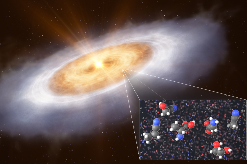 כוכב נולד, ואבני הבניין לחיים נולדות עמו. הדמיה בעיני אמן של היווצרות הכוכב V883 Orionis וסביבו הדיסקה שממנה נוצרים כוכבי לכת, עם תרשימים של חלק מהמולקולות שהתגלו בה, בהן אתילן גליקון וגליקוניטריל | איור: ESO/L. Calçada/T. Müller (MPIA/HdA)