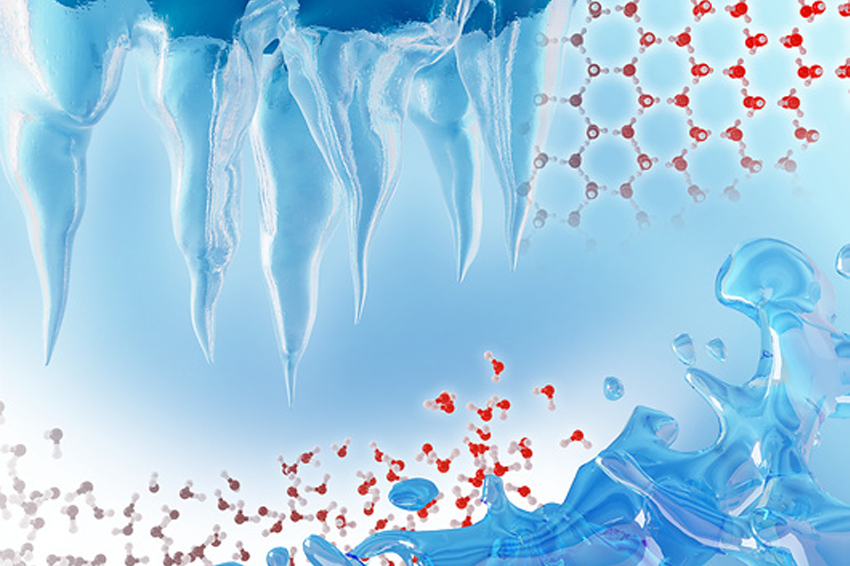 בקרח "רגיל" מולקולות המים קשורות זו לזו במערך משושה שמזכיר כוורת דבורים. מבנה הקרח (למעלה) ומולקולות מים חופשיות במים נוזליים | Maurizio de Angelis / Science Photo Library