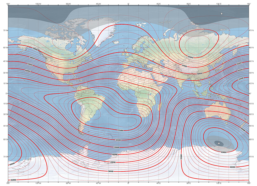 אפשר למפות את צורת השדה באמצעות חיבור בקווים של הנקודות שבהן עוצמת השדה שווה, שנקראות קווים שווי שדה. מפת הקווים של השדה המגנטי | ויקימדיה, NOAA