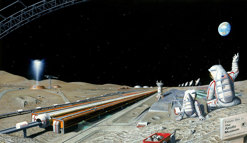 במדע הבדיוני הרעיון קיים כבר שנים ארוכות, בין השאר לשיגור מהירח. משגר האצה על פני הירח באיור של האמן פט רולינגס (Rawlings) מ-1985 | מקור: Lunar & Planetary Institute 