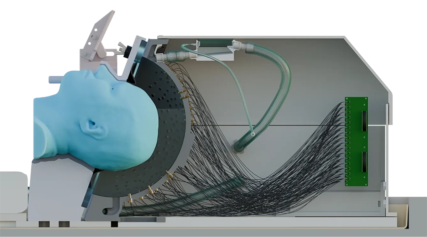 כדי לאפשר את מיקוד הגלים, הקסדה כוללת 256 משדרים זעירים שפולטים גלי קול בתיאום מושלם וממקדים את האנרגיה לנקודה בגודל של גרגיר אורז. חתך רוחב של הקסדה | Morgan Roberts