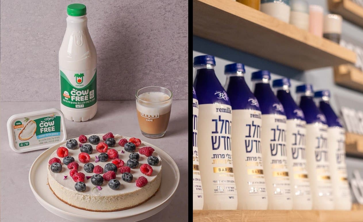 לראשונה מוצרי "חלב ללא חליבה" על המדפים. "החלב החדש" של חברת Remilk (מימין) ומוצרי CowFree של שטראוס (משמאל) | צילום: Remilk ("החלב החדש"), לירן מימון (CowFree)
