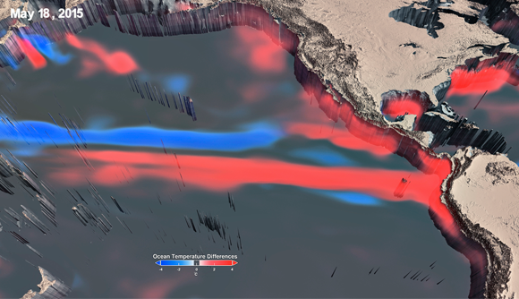 שינויי הטמפרטורות במזרח האוקיינוס השקט במהלך האל-ניניו של 2015 | מקור: NASA'S SCIENTIFIC VISUALIZATION STUDIO / SCIENCE PHOTO LIBRARY