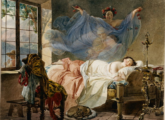 לחלומות יש כנראה תפקידים בעיבוד רגשות לא פתורים. "חלומה של נערה" של הצייר הרוסי קרל בריולוב, 1833 | מקור: Аракаси, Wikipedia