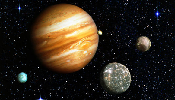 איור של צדק וארבעת הירחים הגליליאניים