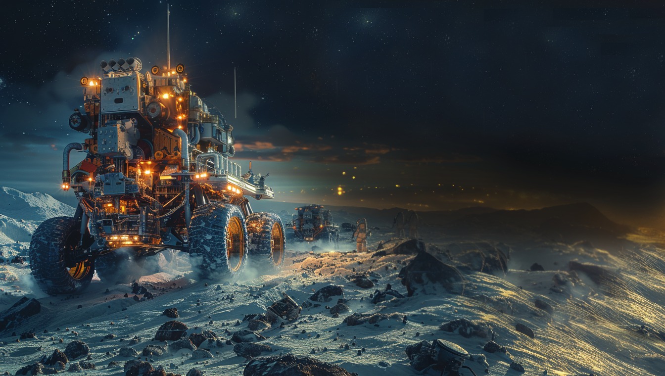 טכנולוגיות לשימוש על פני הירח, אבל עם יישומים מועילים גם בכדור הארץ. הדמיה של אסטרונאוטים וכלי רכב על הירח | איור: אלון שיקאר, Creation-Space, באמצעות Midjourney