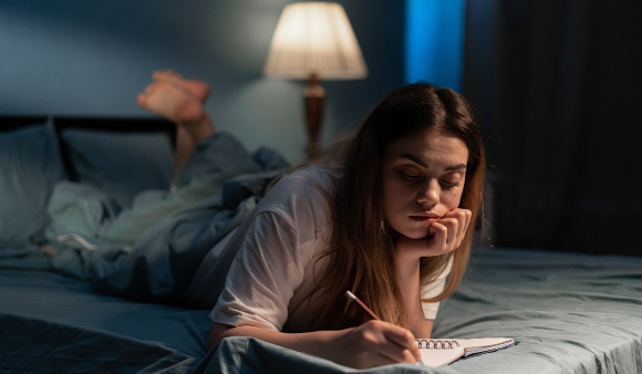 אחת הדרכים לזכור חלומות: לכתוב את תוכנם מיד כשמתעוררים. אשה צעירה כותבת במיטה | צילום אילוסטרציה: Lysenko Andrii, Shutterstock