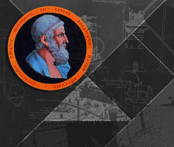 דיוקן של ארכימדס על רקע תרשימים שעשה לאונרדו דה-וינצ'י למשאבות שהוא תכנן וטופר הברזל ששימש נגד ספינות אויב במצור הרומי על סירקוזה | מקורות: THE PRINT COLLECTOR / HERITAGE IMAGES / ANN RONAN PICTURE LIBRARY / HERITAGE IMAGES / SCIENCE PHOTO LIBRARY