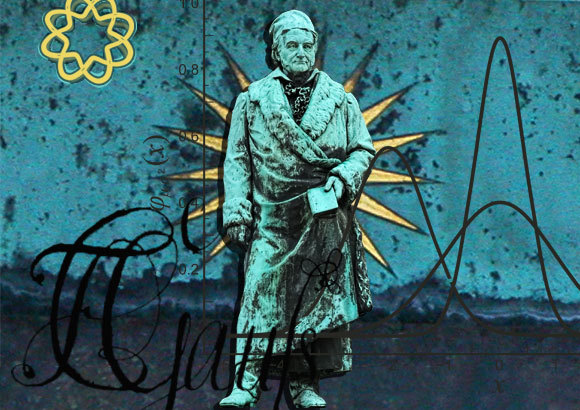 פסל של גאוס בעיר הולדתו, בראונשווייג, גרמניה, על רקע חתימת ידו ואלמנטים מעבודתו | צילום: Mikhail Markovskiy, Shutterstock